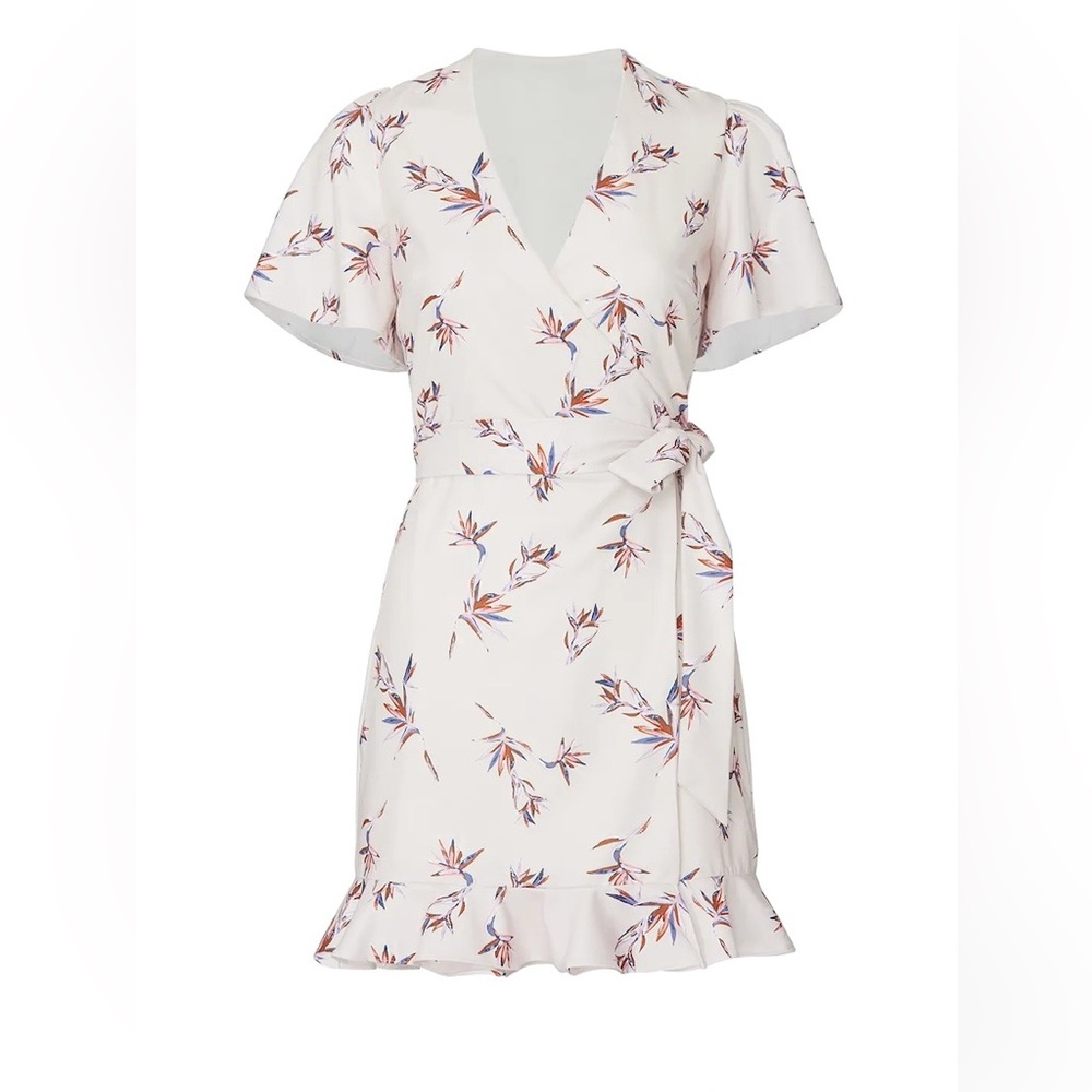STYLESTALKER "Penny" Beige/Blue/Rust Floral Ruffle Trim Mini Wrap Dress - Medium